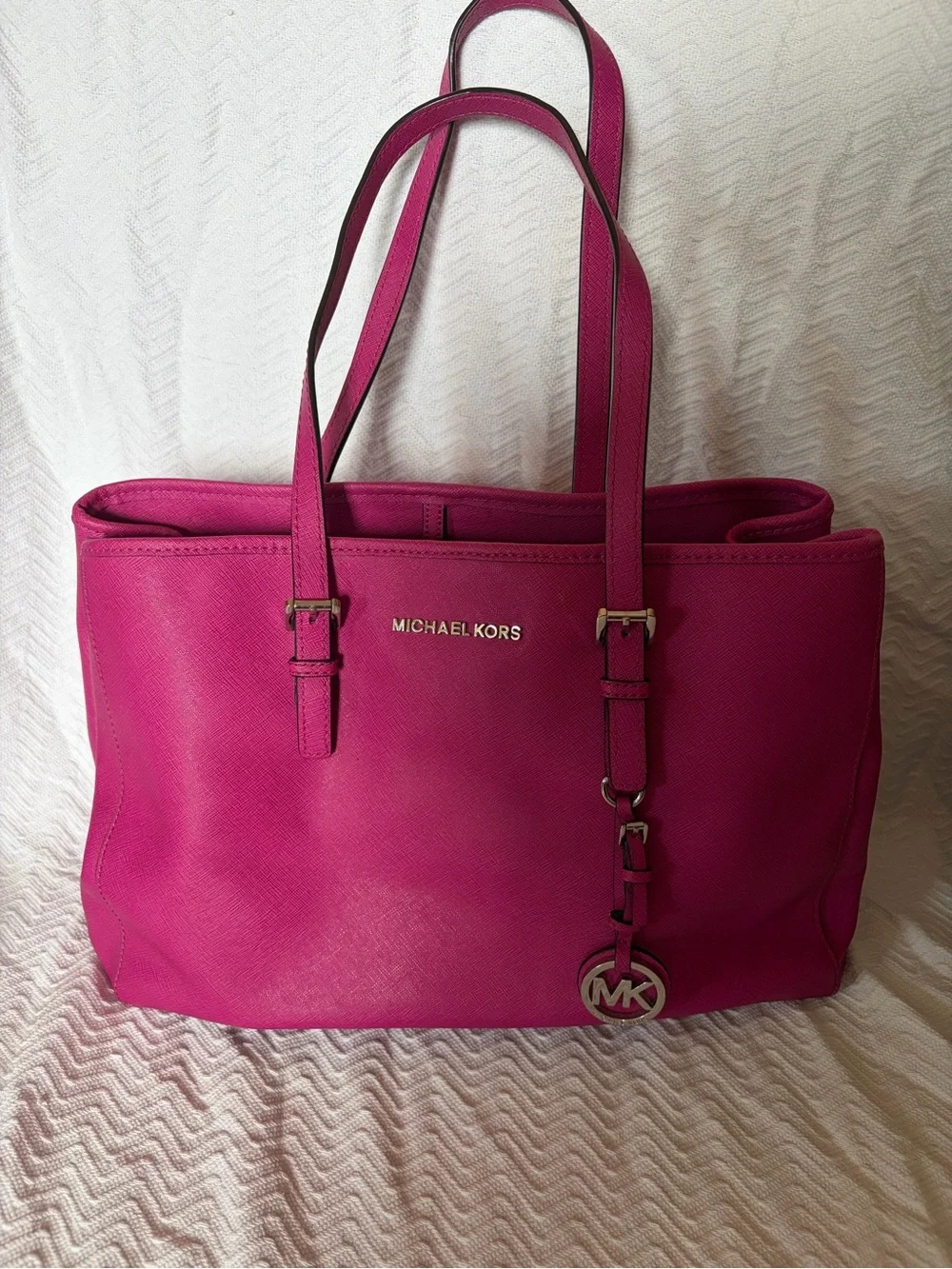 Michael Kors Fuchsia Saffiano Leather Tote with Logo Charm